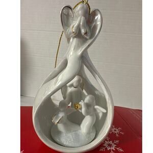 Vintage Avon Hanging Angel Ornament white iridescent ceramic w/gold trim 2005New